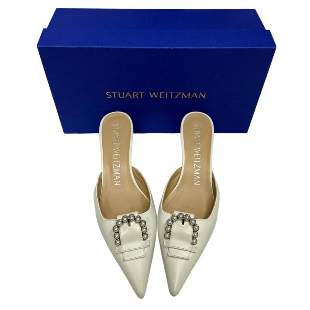 Stuart Weitzman Buckle-Embellished Kitten-Heel Mules in White Leather - Picture 10 of 11